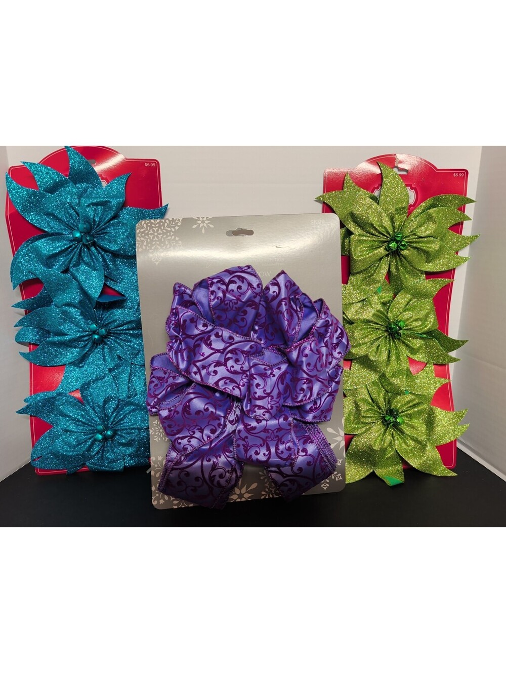 8-Pc Christmas Decor Bundle Teal & Lime Green Glitter Poinsettias 2 Purple Bows